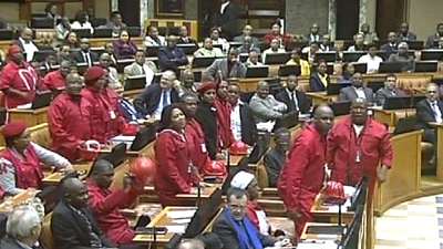 On August 21, EFF MPs interrupted Zuma when he was answering a question on Nkandla and chanted in unison "pay back the money", referring to funds misspent on his homestead. Picture:SABC