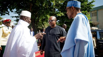 Gambian President Yahya Jammeh receives Nigeria's President Muhammadu Buhari and John Mahama  Picture:REUTERS
