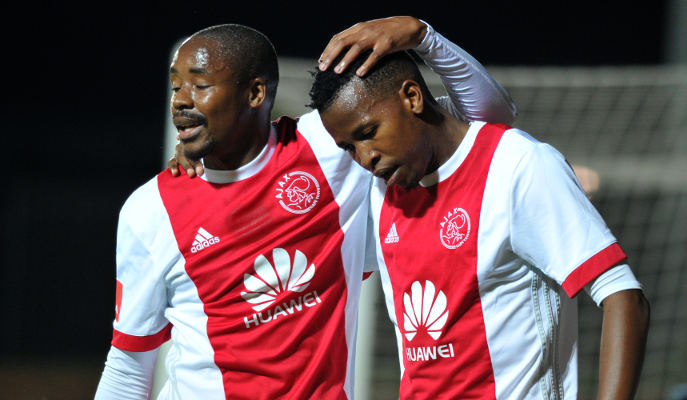 Thabo Mosadi of Ajax Cape Town celebrates his goal with teammate Bantu Mzwakali during Absa Premiership 2017/18 match between Ajax Cape Town and Chippa United at Bidvest Stadium Johannesburg South Africa on 09 December 2017