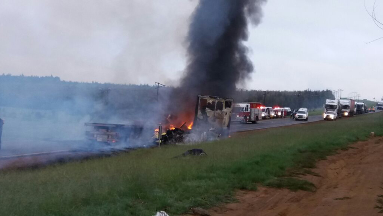 The two trucks caught fire following the collision.