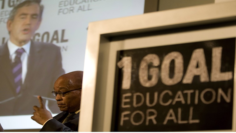 JOHANNESBURG, SOUTH AFRICA - OCTOBER 6: (SOUTH AFRICA, UAE, BRAZIL OUT) President Jacob Zuma pledged South Africa's support to a global campaign to ensure education for all the world's children at Ellis Park on October 6, 2009  in Johannesburg, South Africa. President Zuma was joined by other world leaders via a satellite link. The 1Goal: Education for All campaign is aimed at ensuring that the 75 million children not in school were provided with primary education. Half of these 75 million children lived in Africa. The campaign is also supported by celebrities such as Kevin Spacey, Jessica Alba, Clive Owen, Bono and Kelly Rowland. (Photo by Foto24/Gallo Images/Getty Images)