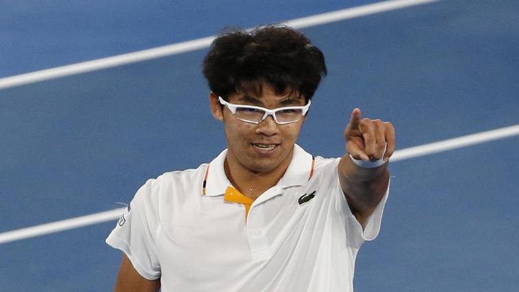 South Korea's Chung Hyeon celebrates winning his match against Serbia's Novak Djokovic. REUTERS/Toru Hanai