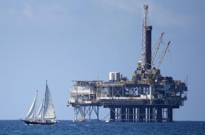 An offshore oil platform is seen in Huntington Beach, California.
