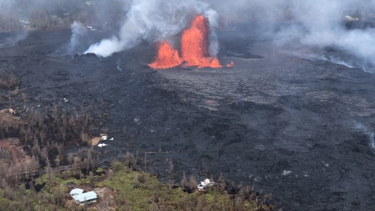 This image obtained May 30, 2018 from the US Geological Survey shows Fissure 8 reactivated on the afternoon of May 29,2018 when, at times, lava fountains were reaching heights of 200 feet and feeding a lava flow that advanced to the northeast at K?lauea Volcano, Hawaii.