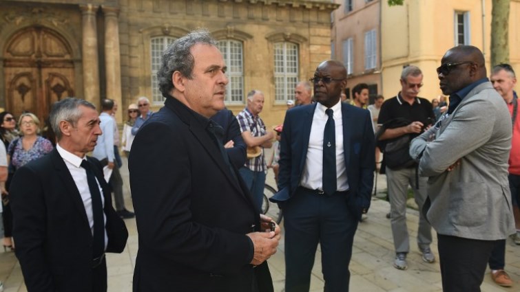 (FILES) In this file photo taken on April 27, 2018 French former football player and former UEFA head Michel Platini (2L) attends the funeral ceremony of former France football coach Henri Michel at the Saint-Sauveur Cathedral in Aix-en-Provence, southeastern France.