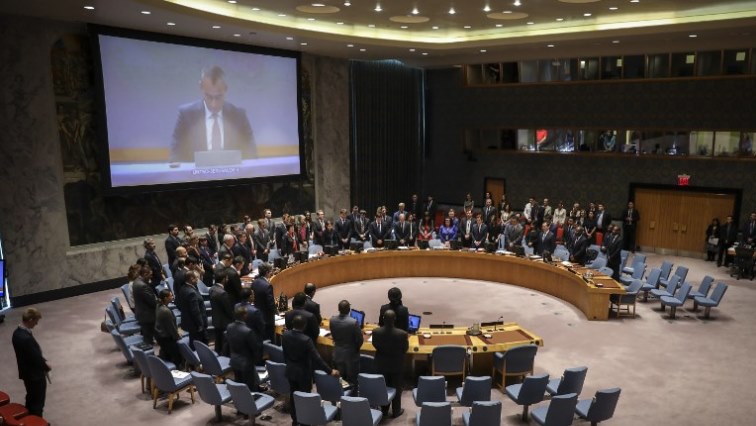 Members of the United Nations Security Council observe a moment of silence for those killed in the Gaza Strip on Monday. Drew Angerer/Getty Images/AFP