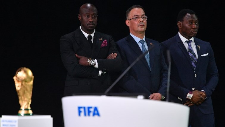 President of the Royal Moroccan Football Federation Fouzi Lekjaa (C) attends the presentation of the Morocco 2026 bid during the 68th FIFA Congress at the Expocentre in Moscow.
