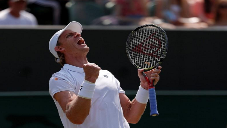 Kevin Anderson celebrates winning the third round match against Germany's Philipp Kohlschreiber in Britain July 6 2018.