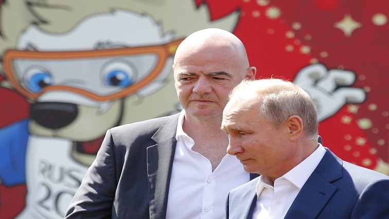 Russian President Vladimir Putin (R) and FIFA President Gianni Infantino visit the World Cup Football Park in Red Square in central Moscow.