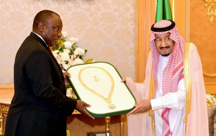 President Cyril Ramaphosa bestowed the Order of King Abdulaziz, the highest honour by the Kingdom of Saudi Arabia, during his State Visit by King Salman bin Abdulaziz Al Saud.