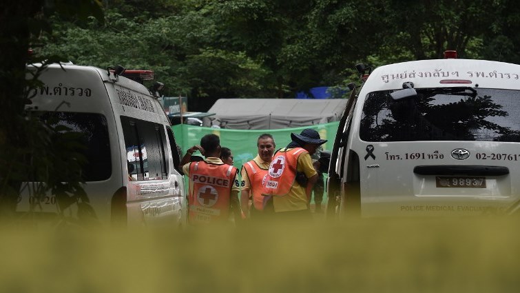 Ambulance with medical personnel head to Tham Luang cave area as divers began evacuation of the 12 boys and their coach trapped at the cave in Khun Nam Nang Non Forest Park in the Mae Sai district of Chiang Rai province.