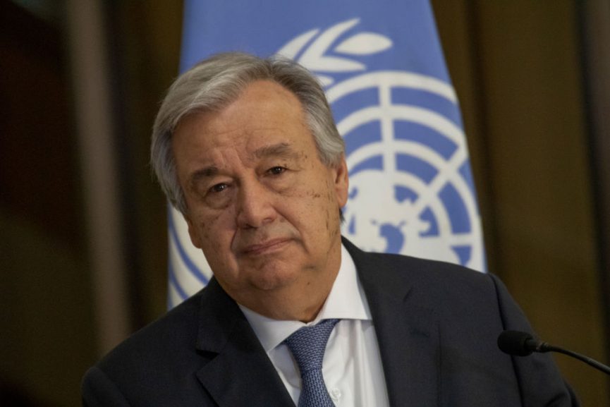 Secretary-General of the United Nations Antonio Guterres holds a news conference during an offical visit on July 16, 2018