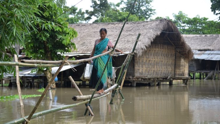 A villager uses a makeshift bamboo bridge to cross flood waters at Bongkuwal village.