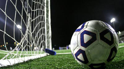 A soccer ball by a net