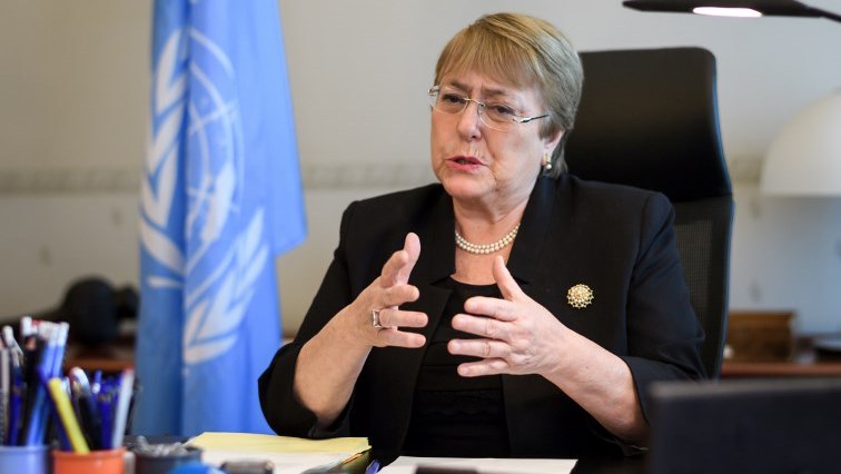 Former Chilean president Michelle Bachelet speaks from her office at the Palais Wilson on her first day as new United Nations (UN) High Commissioner for Human Rights