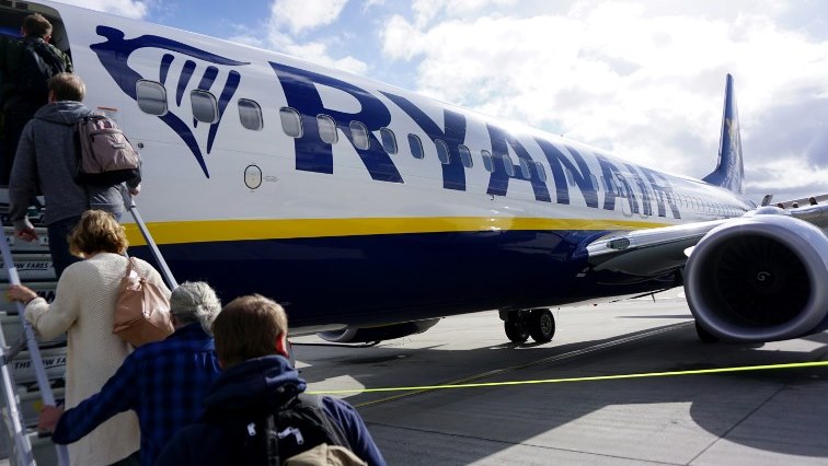 Passsengers board a Ryanair plane at Carcassonne Airport in Carcassonne, southern France