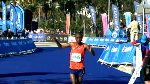Stephen Mokoka at the finishing the race