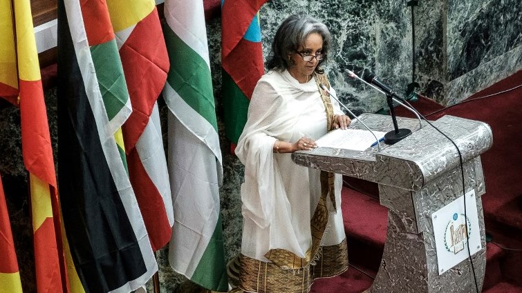 Ethiopia's first female President Sahle-Work Zewde delivers a speech at the Parliament in Addis Ababa.