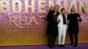 Bohemian Rhapsody movie lead actor Rami Malek and members of Queen Roger Taylor and Brian May.