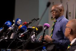 African National Congress (ANC) Secretary-General Ace Magashule and members of the ANC National Executive Committee address a media.