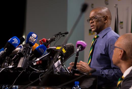 African National Congress (ANC) Secretary-General Ace Magashule and members of the ANC National Executive Committee address a media.