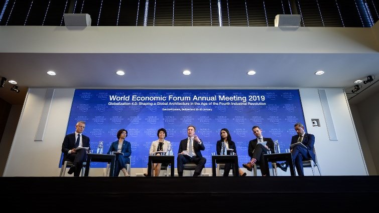 (From L) World Economic Forum (WEF) managing director Adrian Monck, managing director Sarita Nayyar, Executive Committee member Makiko Eda, president Borge Brende, managing director Saadia Zahidi, head of programming Sebastian Buckup and managing director Dominic Waughray attend a press conference ahead of the 2019 edition of the annual meeting of the World Economic Forum (WEF).
