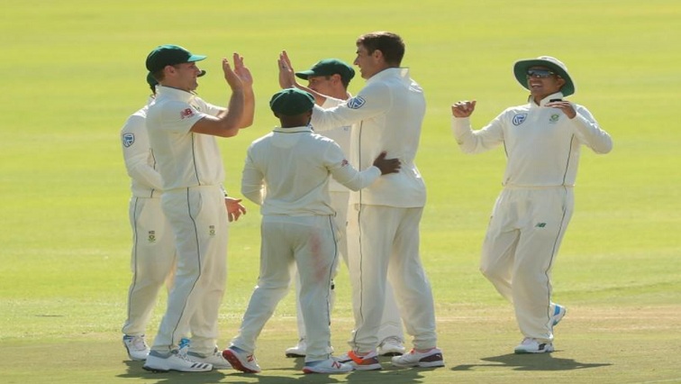 South Africa's Duanne Olivier celebrates with team mates after taking the wicket of Pakistan's Sarfraz Ahmed (not pictured)