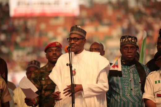 Nigeria's President Muhammadu Buhari speaks a launch campaign for his re-election.