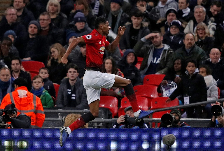 Manchester United forward Marcus Rashford celebrates his goal against Tottenham at Wembley