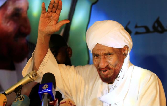 Sudanese leading opposition figure Sadiq al-Mahdi addresses his supporters after he returned from nearly a year in self-imposed exile