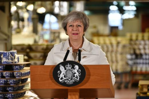British Prime Minister Theresa May speaks during a visit to the Portmeirion factory in Stoke-on-Trent.