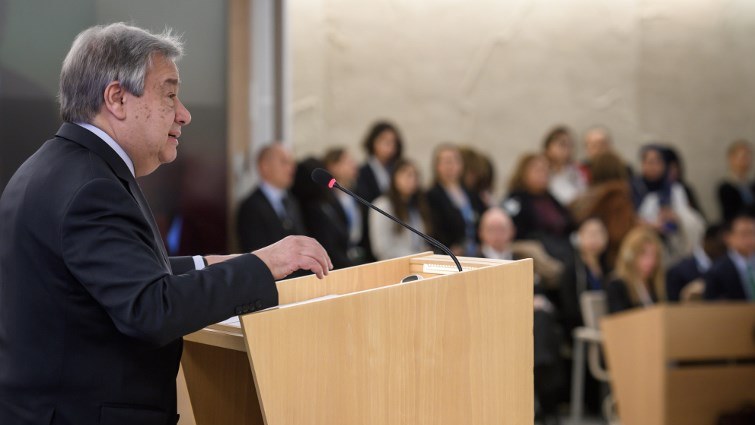 UN Secretary-General Antonio Guterres delivers a speech at the opening day of the 40th session of the United Nations (UN) Human Rights Council.