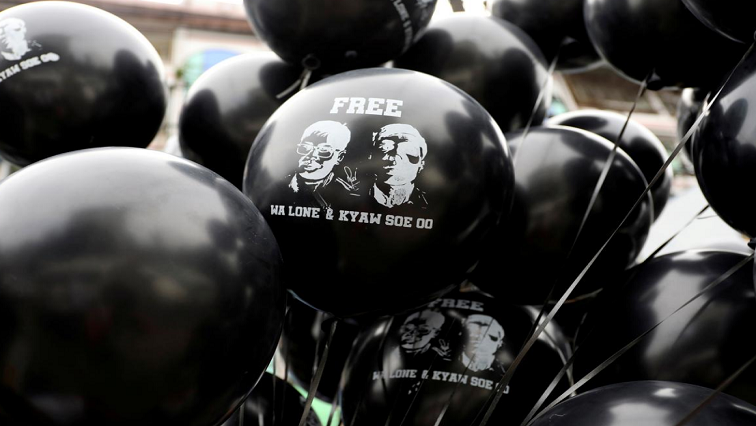 Balloons showing solidarity to jailed Reuters journalists Wa Lone and Kyaw Soe Oo are pictured during a protest in Yangon, Myanmar, September 1, 2018.