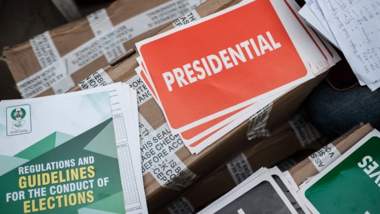 Stickers for ballot boxes are seen during the electoral preparation at a local office of the Independent National Electoral Commission (INEC) in Port Harcourt.