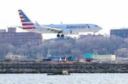 An American Airlines Boeing 737 Max 8, on a flight from Miami to New York City, comes in for landing at LaGuardia Airport in New York.