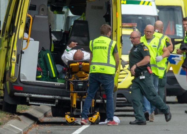 An injured person is loaded into an ambulance following a shooting at the Al Noor mosque in Christchurch, New Zealand.