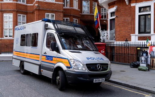 A police van is pictured outside of the Embassy of Ecuador in London, after police arrested WikiLeaks founder Julian Assange.