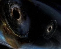 An artist's rendering showing two merging black holes.