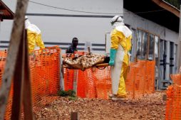 Health workers carry a newly admitted confirmed Ebola patient