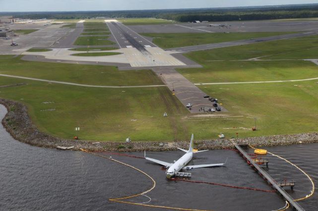 Aerial view of the Miami Air International Boeing 737-800 that overran the runway at NAS Jacksonville and came to rest in the St Johns River in Jacksonville.