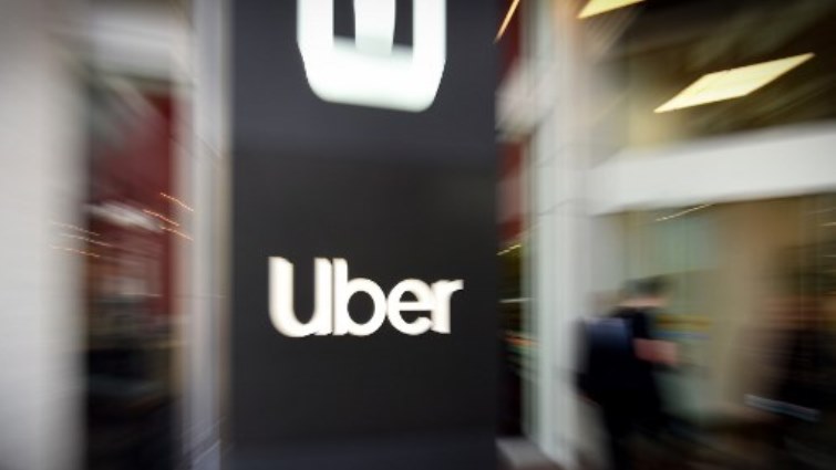In this pan zoom image, an Uber logo is seen outside the company's headquarters in San Francisco, California.