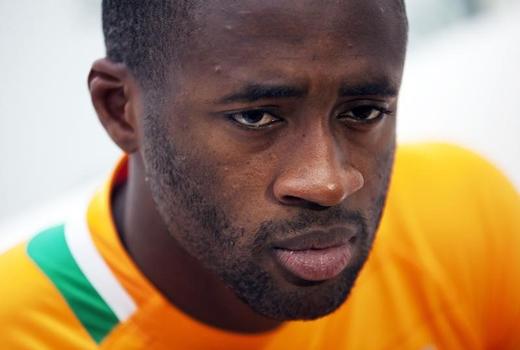 Ivory Coast's Yaya Toure reacts during an interview following the launch of Puma's kits for nine African national soccer teams.