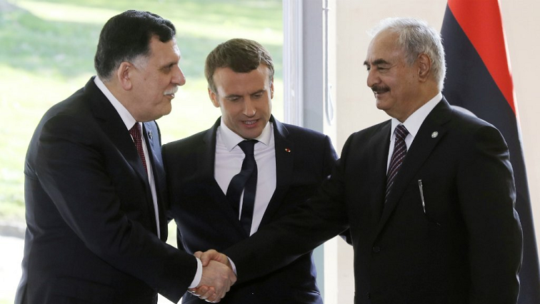 Fayez al-Sarraj, Emmanuel Macron and Khalifa Haftar