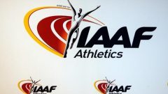 The logo of the International Association of Athletics Federations (IAAF) is seen in Monaco.