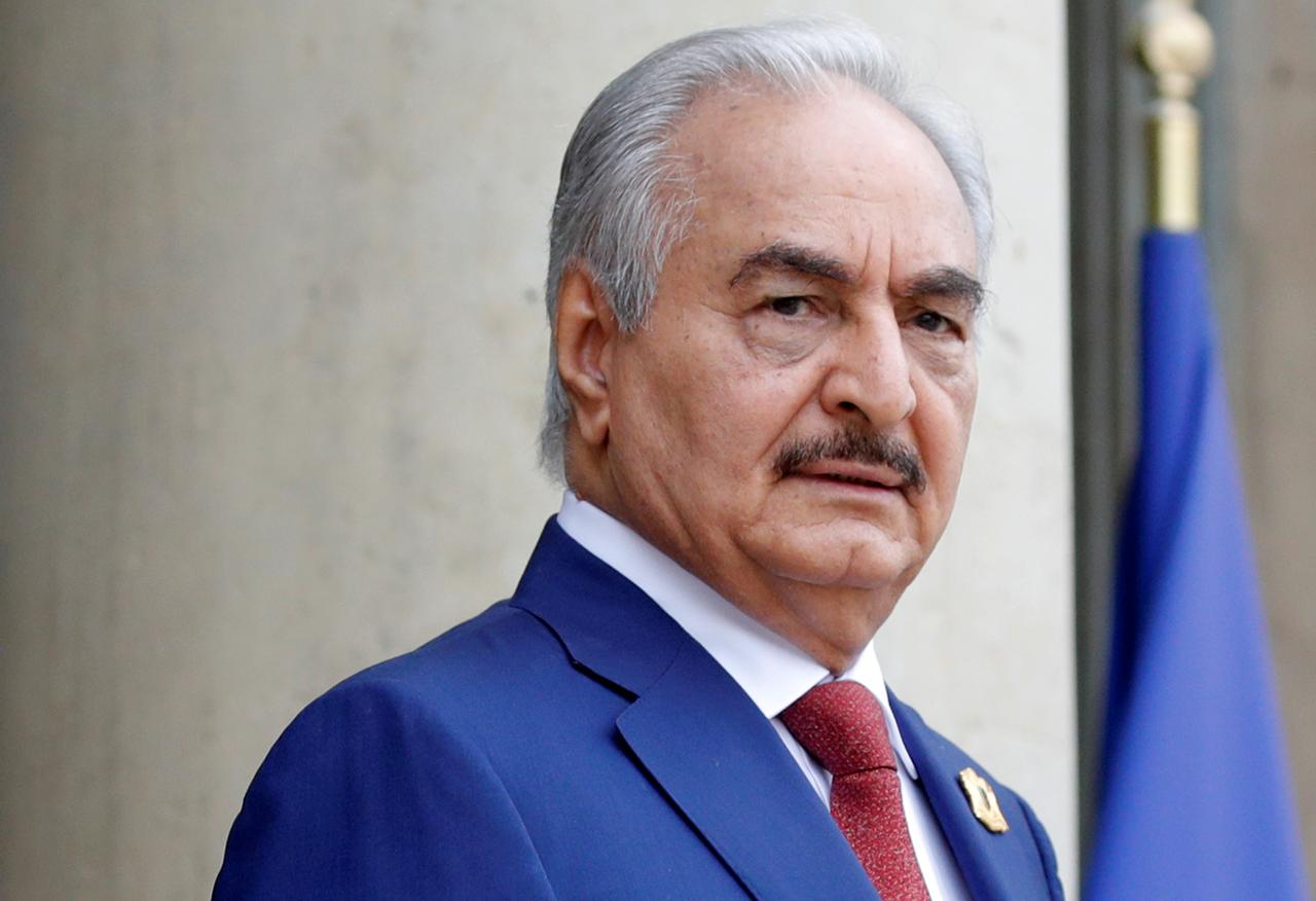 halifa Haftar, the military commander who dominates eastern Libya, arrives to attend an international conference on Libya at the Elysee Palace.