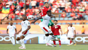 Namibia's Denzil Haoseb in action with Morocco's Khalid Boutaib