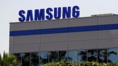 The logo of Samsung Electronics is pictured at the company's factory in Tijuana.