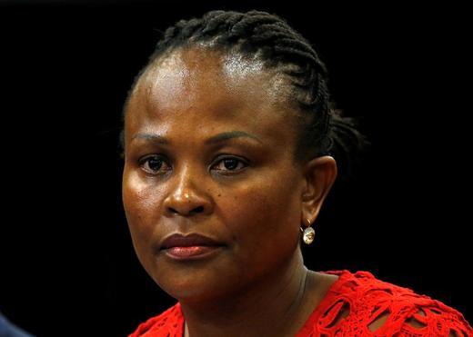 Public Protector Busisiwe Mkhwebane listens during a briefing at Parliament in Cape Town.