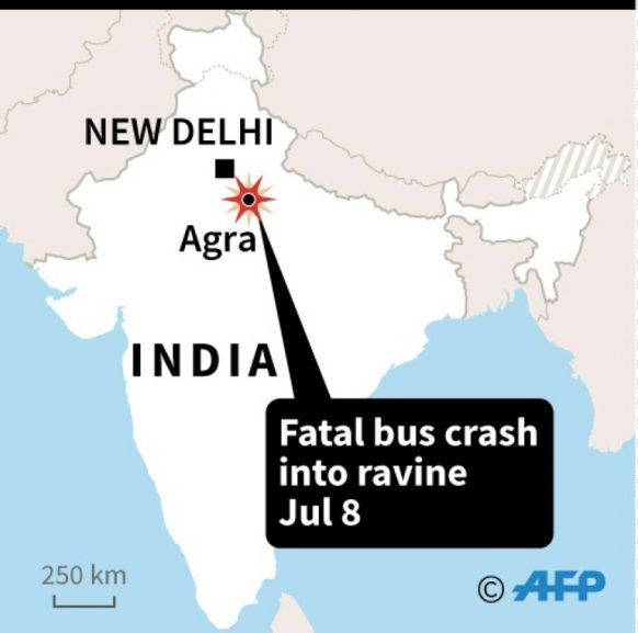Map of India locating a bus crash near Agra that killed at least 29 people on Monday, according to police.
