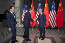 Chinese Vice Premier Liu He, at right welcomes United States Trade Representative Robert Lighthizer, center and Treasury Secretary Steve Mnuchin, at left before holding talks at the Xijiao Conference Center in Shanghai.